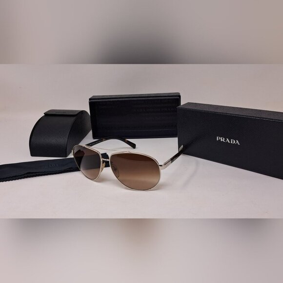 Prada Sunglasses Aviator Silver Brown Tinted Metal SPR670 1BC-6S1 63-13-135 - Picture 1 of 15